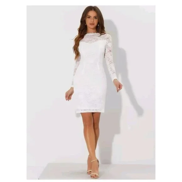 Allegra K Women M White Elegant Floral Lace Dress  Business Cocktail Wedding NWT - Picture 4 of 8